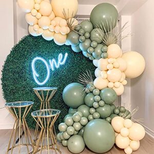 64 PCS Artificial Eucalyptus Leaves Stems Sage Green Blush Balloons, 12 Inch Sage Green Blush Nude Balloons with Artificial Eucalyptus for Baby Bridal Shower Birthday Safari Party Decoration