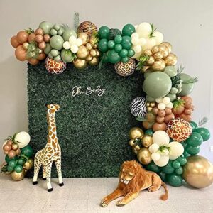 128pcs safari jungle balloon garland arch kit- sage green and brown balloons with animal print for wild one tropical theme party supplies olive for boy first bithday baby shower wedding graduation gold white decorations (safari balloons set)