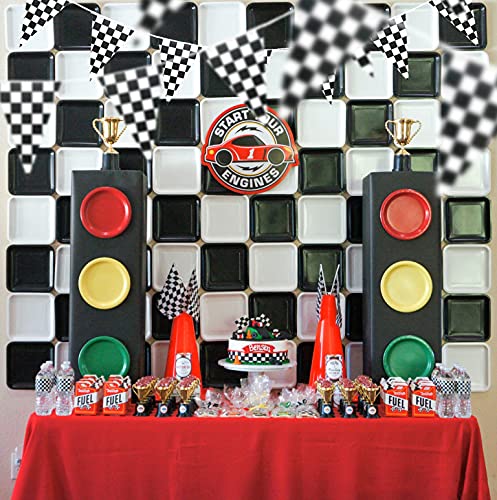 Piokio 100ft Black and White Checkered Flag Banner Racing Birthday Decorations, for Nascar Race Party Supplies