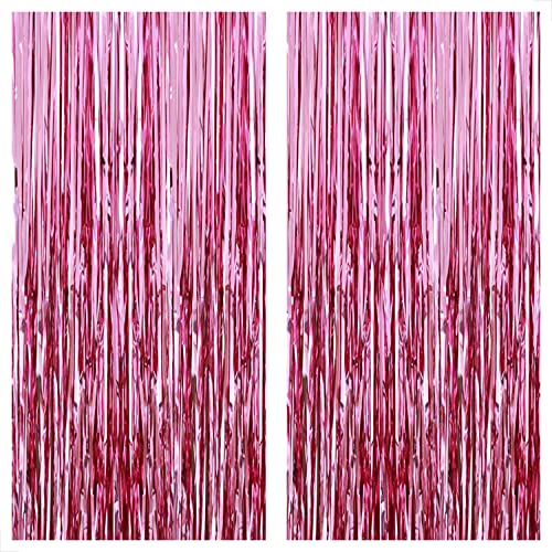 KatchOn, Pink Backdrop for Pink Party Decorations - XtraLarge 6.4x8 Feet, Pack of 2 | Pink Foil Fringe Curtain | Metallic Pink Fringe Backdrop, Pink Streamers Party Decorations | Pink Tinsel Backdrop