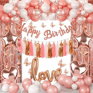 rose gold birthday party decorations kit for women 73 pieces, happy birthday banner, fringe curtains, butterfly decor, foil balloons for 13th 16th 20th 21st 30th 35th 50th 60th girls men party supplies