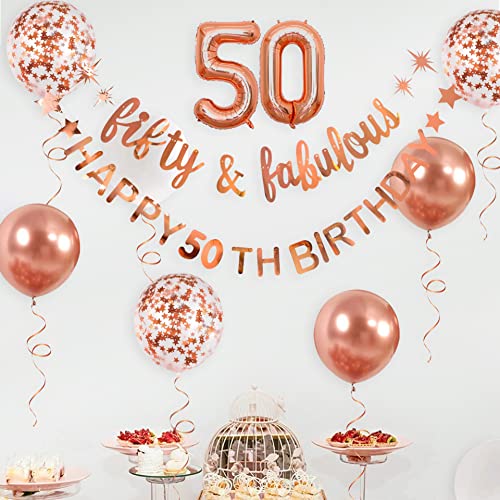 Rose Gold Fifty & Fabulous Happy 50th Birthday Banner Garland Foil Balloon 50 for Womens 50th Birthday Decorations Hanging 50 and Fabulous Cheers to 50 Years Old Birthday Party Supplies Backdrop