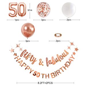 Rose Gold Fifty & Fabulous Happy 50th Birthday Banner Garland Foil Balloon 50 for Womens 50th Birthday Decorations Hanging 50 and Fabulous Cheers to 50 Years Old Birthday Party Supplies Backdrop