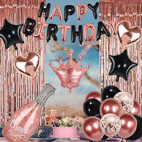 Rose Gold Black Happy Birthday Party Decorations for Women Girls, Decor Set for Her, Happy Birthday Banner, Foil Balloons, Fringe Curtains, Crown, Cake Topper for 13th 16th 18th 21st 30th 40th 50th