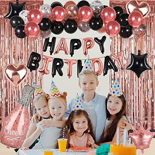 Rose Gold Black Happy Birthday Party Decorations for Women Girls, Decor Set for Her, Happy Birthday Banner, Foil Balloons, Fringe Curtains, Crown, Cake Topper for 13th 16th 18th 21st 30th 40th 50th