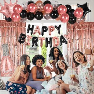 Rose Gold Black Happy Birthday Party Decorations for Women Girls, Decor Set for Her, Happy Birthday Banner, Foil Balloons, Fringe Curtains, Crown, Cake Topper for 13th 16th 18th 21st 30th 40th 50th