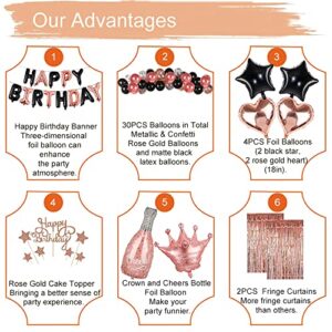 Rose Gold Black Happy Birthday Party Decorations for Women Girls, Decor Set for Her, Happy Birthday Banner, Foil Balloons, Fringe Curtains, Crown, Cake Topper for 13th 16th 18th 21st 30th 40th 50th