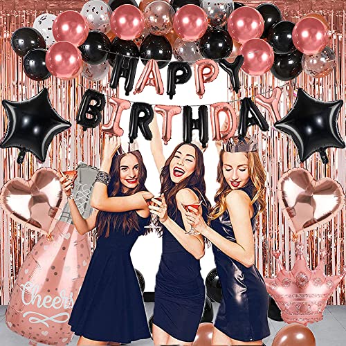 Rose Gold Black Happy Birthday Party Decorations for Women Girls, Decor Set for Her, Happy Birthday Banner, Foil Balloons, Fringe Curtains, Crown, Cake Topper for 13th 16th 18th 21st 30th 40th 50th