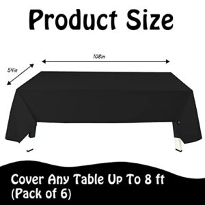 6 Pack Premium Disposable Plastic Tablecloth 54" x 108" Party Table Cloths Disposable for 6 to 8 Foot Tables Indoor or Outdoor Parties Birthdays Weddings Christmas Anniversary Buffet Table (Black)