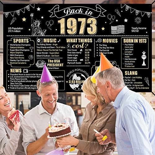 Large 50th Birthday Banner Backdrop Decorations for Men Women, Black Gold Back in 1973 50 Birthday Sign Party Supplies, Happy 50 Year Old Bday Background Decor for Outdoor Indoor