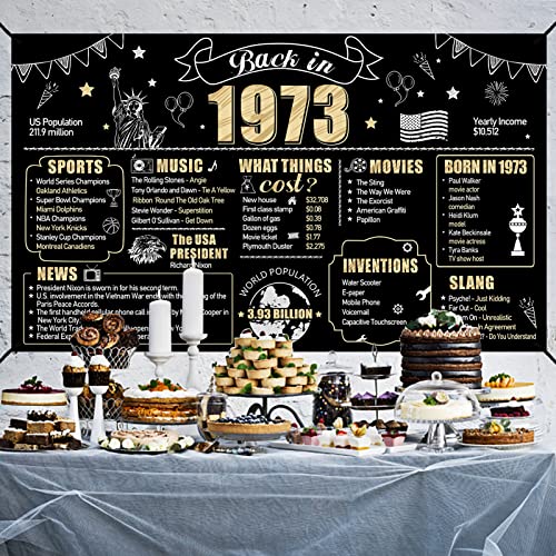 Large 50th Birthday Banner Backdrop Decorations for Men Women, Black Gold Back in 1973 50 Birthday Sign Party Supplies, Happy 50 Year Old Bday Background Decor for Outdoor Indoor