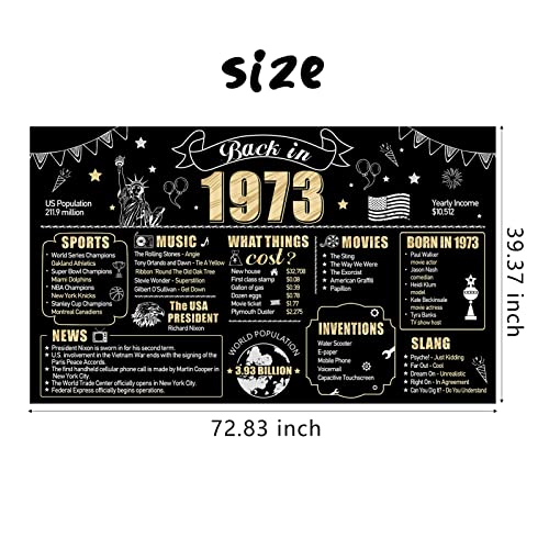 Large 50th Birthday Banner Backdrop Decorations for Men Women, Black Gold Back in 1973 50 Birthday Sign Party Supplies, Happy 50 Year Old Bday Background Decor for Outdoor Indoor