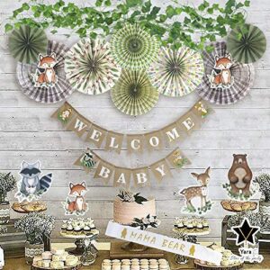 yara woodland baby shower decorations for boy & girl| jungle safari gender neutral forest animal decor| party supplies kit with rustic burlap welcome baby banner, creature cut outs, fans & ivy garland