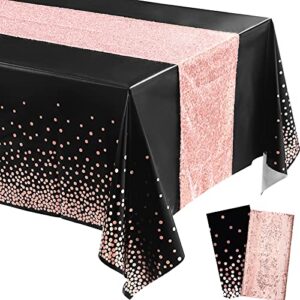 irenare tablecloth and sequin table runner set polka dots confetti table cover dining plastic table cloths glitter decorations for birthday wedding anniversary party supplies (black, rose gold)
