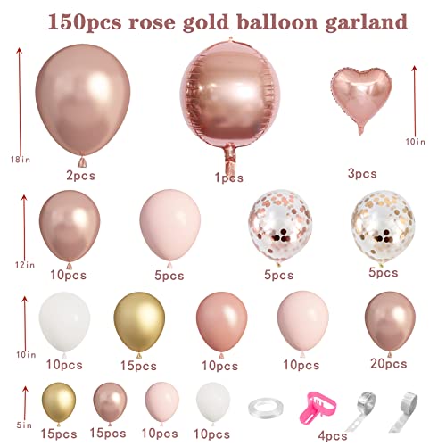 Amandir Rose Gold Balloons Garland Arch Kit, 150pcs Rose Gold Pink White Gold Confetti Latex Balloons for Bridal Wedding Birthday Girl Baby Shower Graduation Anniversary Bachelorette Party Decoration