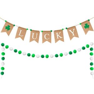 watinc 2pcs st. patrick’s day burlap banner felt ball garland set, shamrock bunting pom pom garlands decoration, lucky clover hanging decor for saint patty’s day party mantle fireplace home wall
