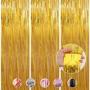 crosize 3 pack 3.3 x 9.9 ft gold foil fringe curtains party decorations, tinsel curtain backdrop for parties, door streamers, glitter streamer backdrop for birthday, photo booth backdrops, party decor