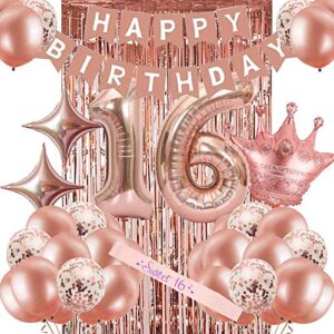 16th birthday decorations for women, rose gold sweet 16 birthday party decoration for her, 16th happy birthday banner kits rosegold balloons decoration for girls women 16th birthday party supplies