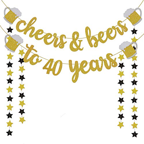 40th Birthday Decorations for Men/Women - 40th Birthday Gifts - Cheers & Beers to 40 Years Gold Glitter Banner - 40th Anniversary Decorations for Party, 40th Wedding Party Supplies for Couple