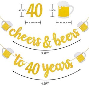 40th Birthday Decorations for Men/Women - 40th Birthday Gifts - Cheers & Beers to 40 Years Gold Glitter Banner - 40th Anniversary Decorations for Party, 40th Wedding Party Supplies for Couple