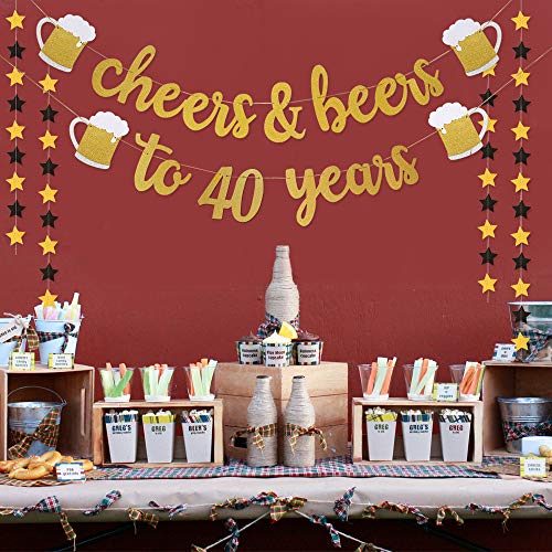 40th Birthday Decorations for Men/Women - 40th Birthday Gifts - Cheers & Beers to 40 Years Gold Glitter Banner - 40th Anniversary Decorations for Party, 40th Wedding Party Supplies for Couple