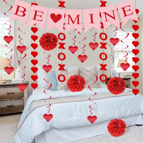 21Pcs Valentines Day Decorations Set Pre-Assembled Hanging Heart Swirls BE Mine Love Heart XO Garlands Banner for Home Classroom Office Wedding Party