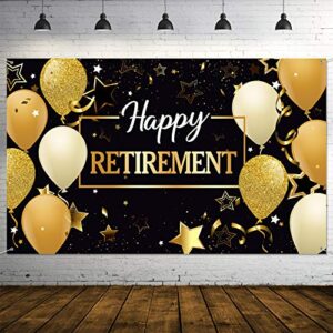 happy retirement party decorations, extra large fabric black and gold happy retirement sign banner photo booth backdrop background with rope for retirement party favor, 70.8 x 43.3 inch