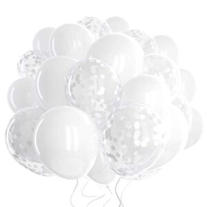 dandy decor 60 pack white balloons + white confetti balloons w/ribbon | latex balloons 12 inch | balloon white | bridal shower balloons | wedding balloons | round balloons | white party decorations |