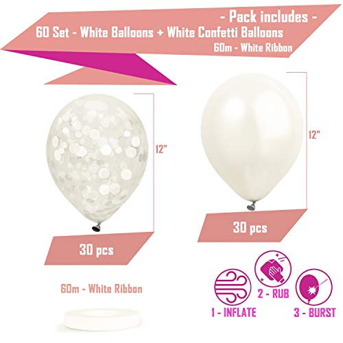 Dandy Decor 60 Pack White Balloons + White Confetti Balloons w/Ribbon | Latex Balloons 12 Inch | Balloon White | Bridal Shower Balloons | Wedding Balloons | Round Balloons | White Party Decorations |