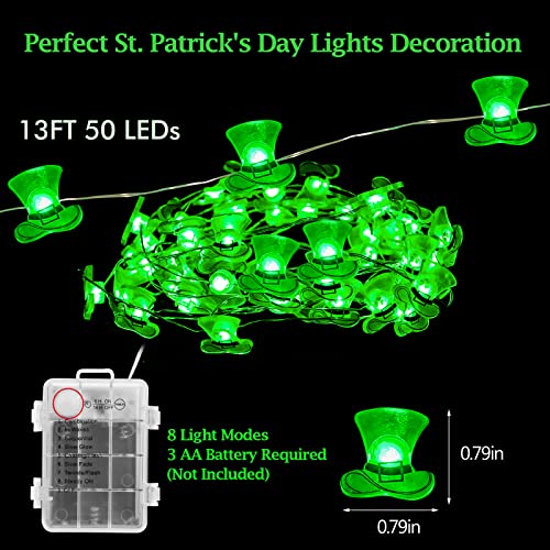 Tmacker St Patricks Day Decorations 3D13Ft 50LED Green Leprechaun Top Hat String Light, St Patricks Day Decor Irish Party for Home Indoor/Outdoor Wedding Anniversary Holiday Green Decor