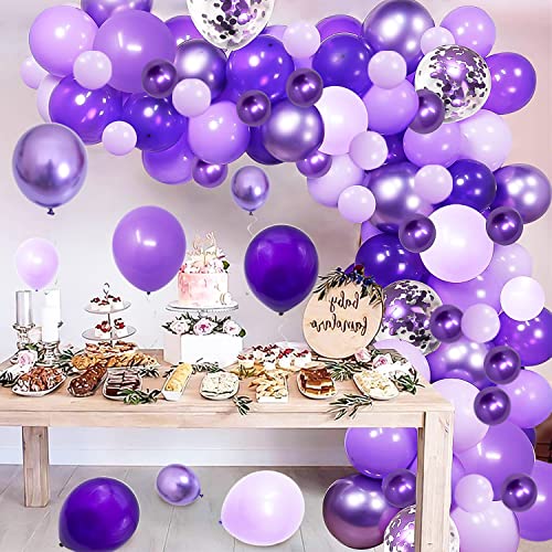 Purple Shades Balloons Garland Arch Kit-128Pcs 5” 12” Dark Pastel Light Metallic Confetti Purple Balloons Arch Set for Purple Wedding Birthday Baby Shower Graduation Party Decorations