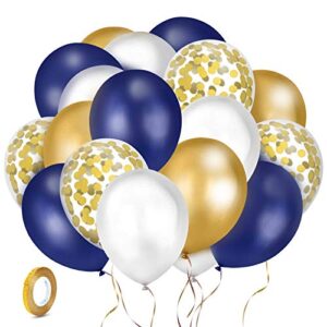 kolavia 60pcs navy blue and gold confetti balloons, premium 12inch pearl white and gold metallic chrome birthday party balloons, balloons bulk for bridal shower, graduation party decoration