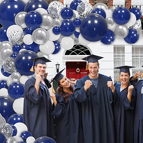 JULLIZ 145pcs Navy Blue Silver Balloons Garland Kit, Royal Blue Silver White Confetti Balloon Arch for 2023Graduation Party Wedding Birthday Shower Classroom Decoration