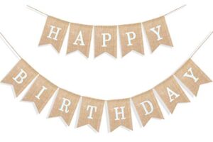 uniwish happy birthday banner for birthday party decorations, rustic burlap bunting swallowtail flags, 2 in 1