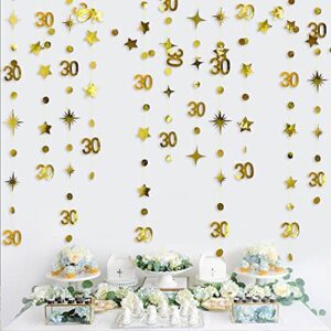 Gold 30th Birthday Decorations Number 30 Circle Dot Twinkle Star Garland Metallic Hanging Streamer Bunting Banner Backdrop for Her Happy Dirty 30 Year Old Birthday Thirty Anniversary Party Supplies