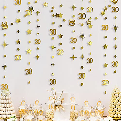 Gold 30th Birthday Decorations Number 30 Circle Dot Twinkle Star Garland Metallic Hanging Streamer Bunting Banner Backdrop for Her Happy Dirty 30 Year Old Birthday Thirty Anniversary Party Supplies