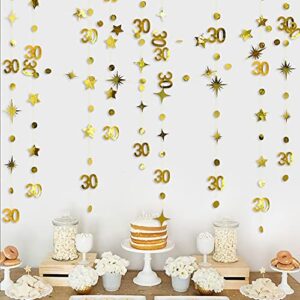 Gold 30th Birthday Decorations Number 30 Circle Dot Twinkle Star Garland Metallic Hanging Streamer Bunting Banner Backdrop for Her Happy Dirty 30 Year Old Birthday Thirty Anniversary Party Supplies