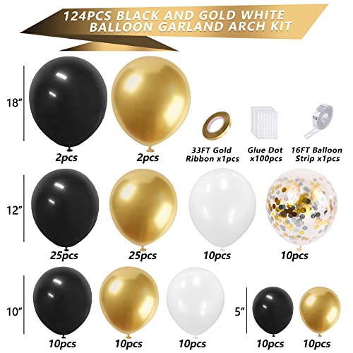 Black and Gold Balloons Garland Arch Kit, 124pcs 18 12 10 5 In Black White Metallic Gold Confetti Latex Balloons Arch Kit for Graduation Baby Shower Birthday Wedding With Balloon Strip and Gold Ribbon