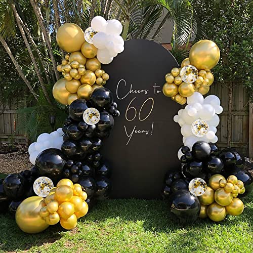 Black and Gold Balloons Garland Arch Kit, 124pcs 18 12 10 5 In Black White Metallic Gold Confetti Latex Balloons Arch Kit for Graduation Baby Shower Birthday Wedding With Balloon Strip and Gold Ribbon