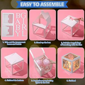 Baby Shower Balloon Box Decorations, 4 Pcs Baby Blocks Transparent Balloon Boxes with Baby Letters, 4 Pack Led Fairy String Lights and 40 Pcs Latex Balloons for Decor (Pink)