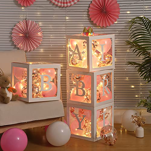 Baby Shower Balloon Box Decorations, 4 Pcs Baby Blocks Transparent Balloon Boxes with Baby Letters, 4 Pack Led Fairy String Lights and 40 Pcs Latex Balloons for Decor (Pink)