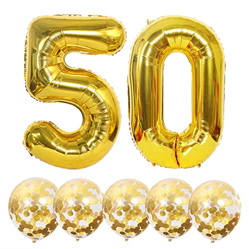 Eokeanon Number 50 and Gold Confetti Balloons, 40 Inch Gold Number 50 Balloon with 5PCS 12 Inch Gold Confetti Balloons for 50th Birthday Party Decorations 50th Anniversary Décor