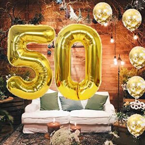 Eokeanon Number 50 and Gold Confetti Balloons, 40 Inch Gold Number 50 Balloon with 5PCS 12 Inch Gold Confetti Balloons for 50th Birthday Party Decorations 50th Anniversary Décor