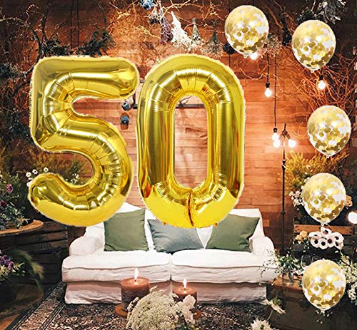 Eokeanon Number 50 and Gold Confetti Balloons, 40 Inch Gold Number 50 Balloon with 5PCS 12 Inch Gold Confetti Balloons for 50th Birthday Party Decorations 50th Anniversary Décor