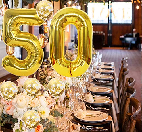 Eokeanon Number 50 and Gold Confetti Balloons, 40 Inch Gold Number 50 Balloon with 5PCS 12 Inch Gold Confetti Balloons for 50th Birthday Party Decorations 50th Anniversary Décor