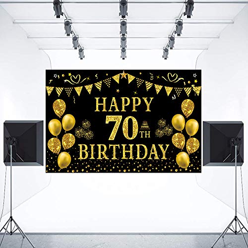 Trgowaul 70th Birthday Backdrop Gold and Black 5.9 X 3.6 Fts Happy Birthday Party Decorations Banner for Women Men Photography Supplies Background Happy Birthday Decoration