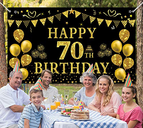 Trgowaul 70th Birthday Backdrop Gold and Black 5.9 X 3.6 Fts Happy Birthday Party Decorations Banner for Women Men Photography Supplies Background Happy Birthday Decoration