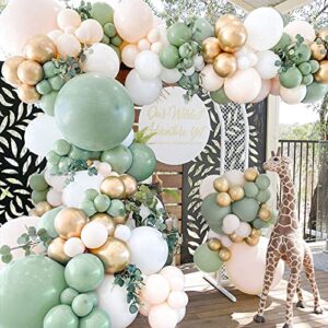 sage green balloon garland arch kit 144pcs baby shower decor with olive eucalyptus green white gold double-stuffed blush balloons for jungle woodland safari baby shower bridal wedding wild one 1st birthday theme party decorations