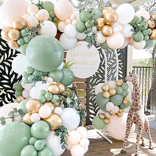 Sage Green Balloon Garland Arch Kit 144pcs Baby Shower Decor with Olive Eucalyptus Green White Gold Double-Stuffed Blush Balloons for Jungle Woodland Safari Baby Shower Bridal Wedding Wild One 1st Birthday Theme Party Decorations