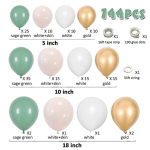 Sage Green Balloon Garland Arch Kit 144pcs Baby Shower Decor with Olive Eucalyptus Green White Gold Double-Stuffed Blush Balloons for Jungle Woodland Safari Baby Shower Bridal Wedding Wild One 1st Birthday Theme Party Decorations